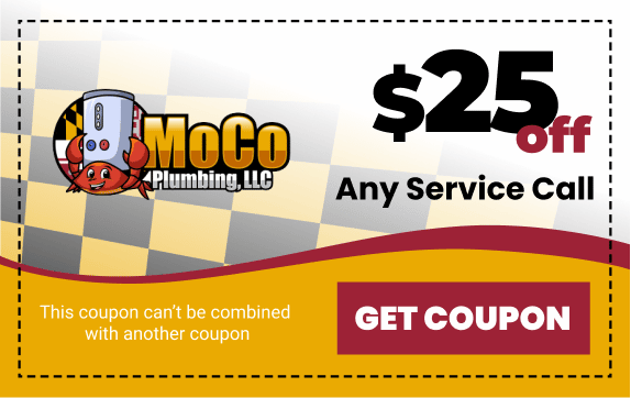 MoCo Plumbing LLC coupon offering $25 off any service call with “Get Coupon” button and note about not combining offers