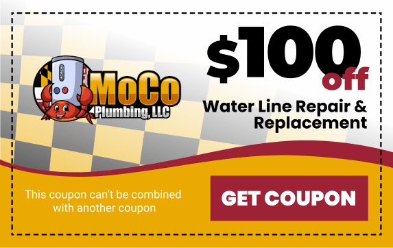 MoCo Plumbing LLC coupon for $100 off water line repair and replacement, with “Get Coupon” button