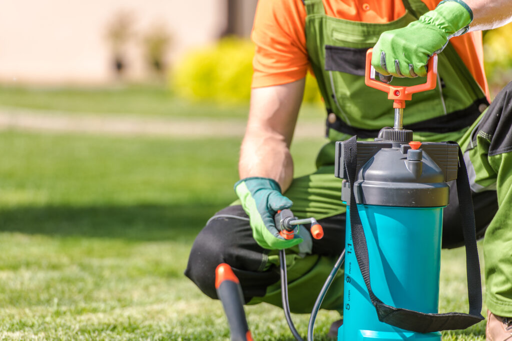 Gardener in green gloves and apron pumping a blue pressure sprayer on a lawn, preparing to spray plants