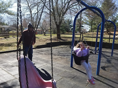 Child in a purple jacket swings on a blue swing set while an adult stands nearby at Fox Chapel Neighborhood Park playground