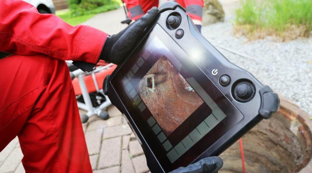 Technician holds sewer inspection camera monitor showing pipe interior beside an open manhole on a paved walkway