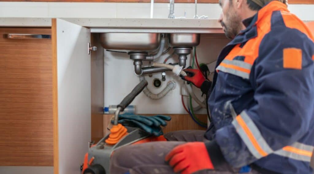 Technician inspecting plumbing and sewage pump connections under a kitchen sink cabinet, wearing protective gloves and jacket