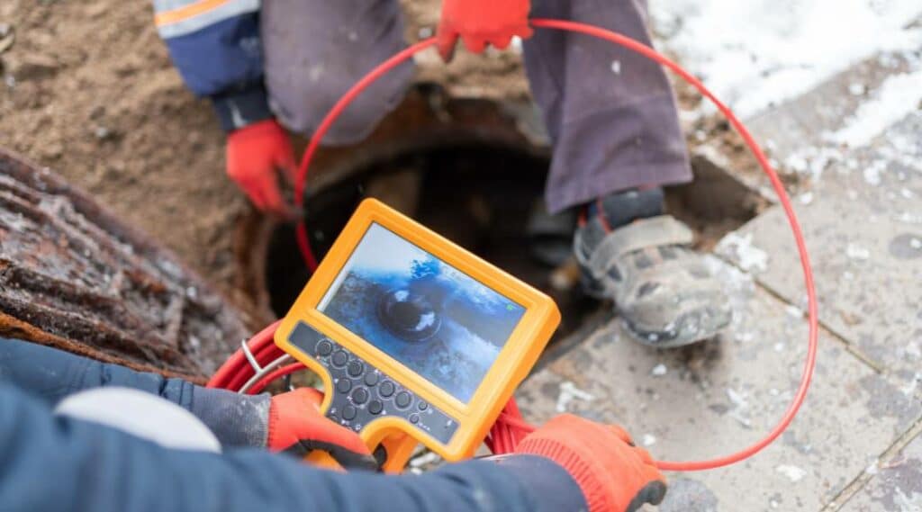 Technician feeds red cable into manhole while viewing sewer pipe interior on handheld inspection camera monitor
