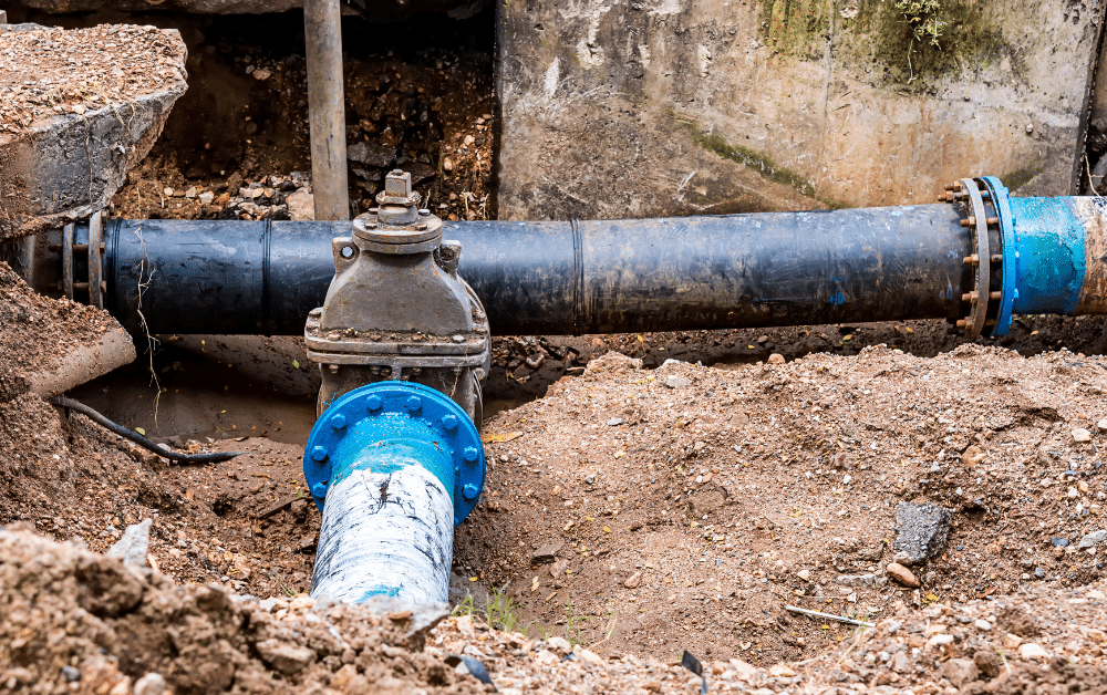 Underground water main repair with large pipe, valve, and blue flanges exposed in a trench surrounded by dirt and rubble