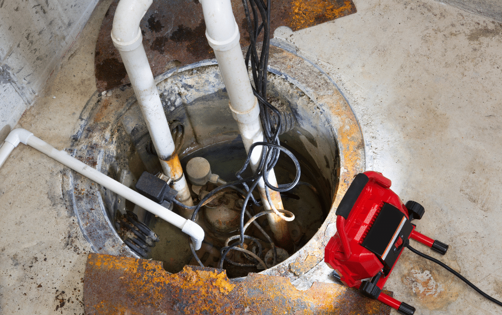 Open basement sump pit with water, pump wiring and PVC discharge pipes, with a red utility device on the floor beside it