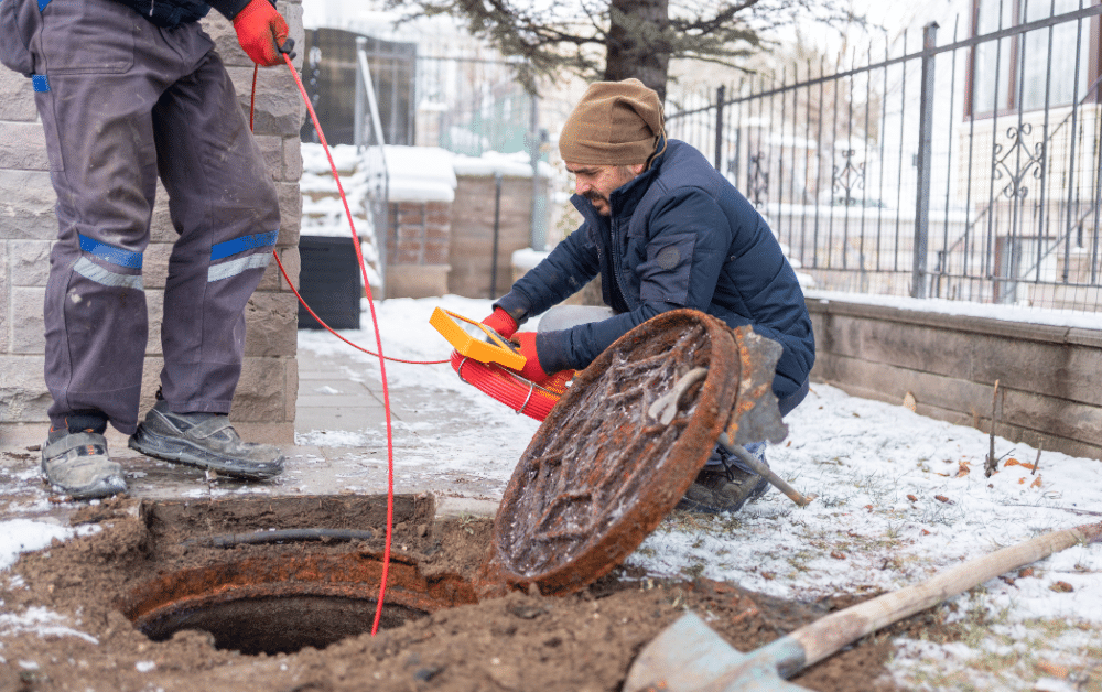 Worker feeds sewer inspection camera cable into open manhole while colleague stands nearby on a snowy sidewalk
