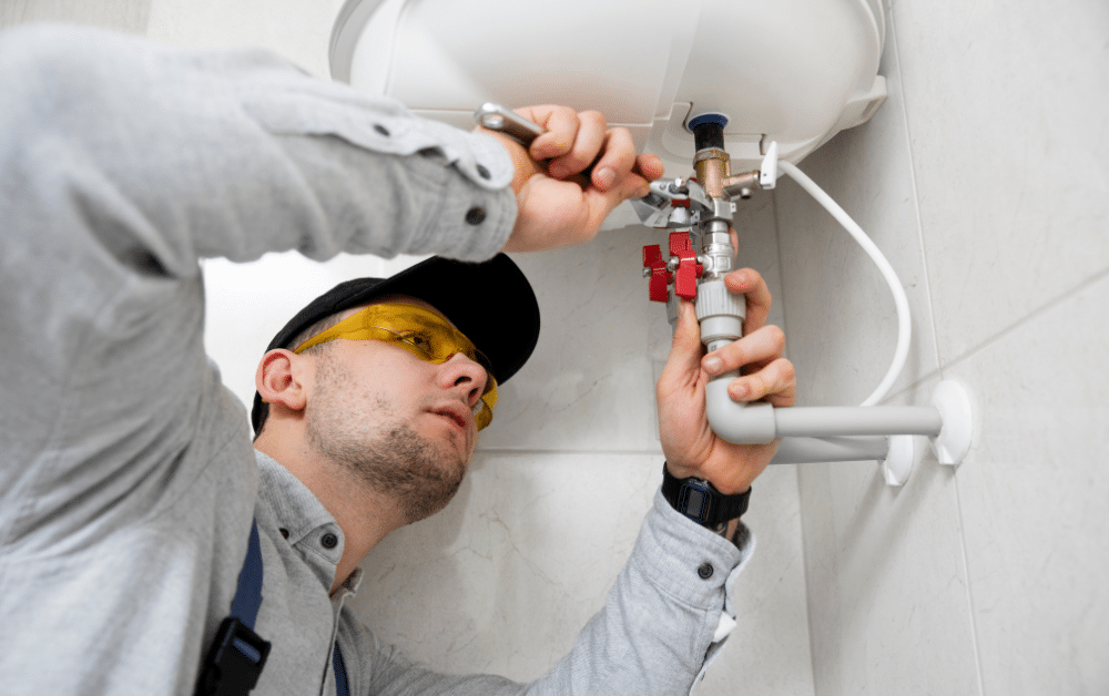 Plumber tightening valve under sink with wrench, repairing leaking pipes and shutoff connections in bathroom